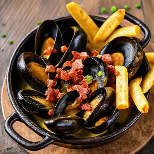 Moules Frites med Dijonsennep og Bacon