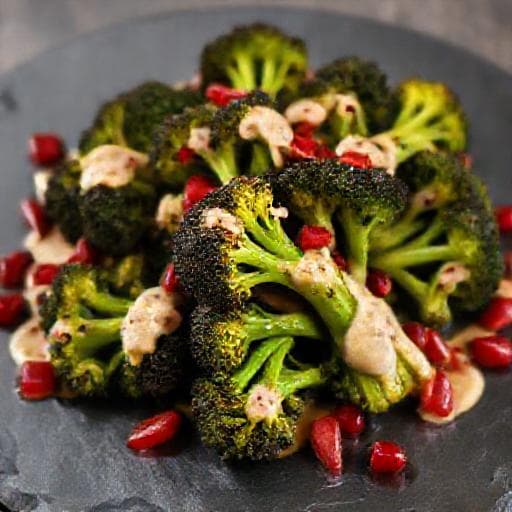 Grillet Broccoli med Krydret Tahindressing og Granatæblekerner