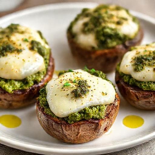 Hurtige Portobellosvampe fyldt med Pesto og Mozzarella