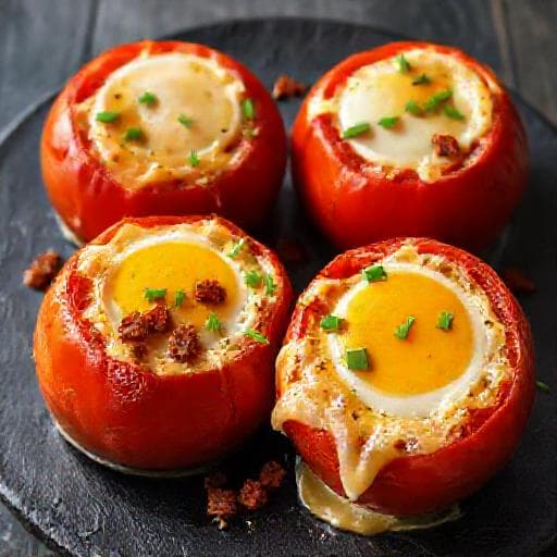 Bagte Tomater med Æg, Ost og Chorizo