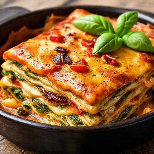 Spinatlasagne med Pesto og Soltørrede Tomater