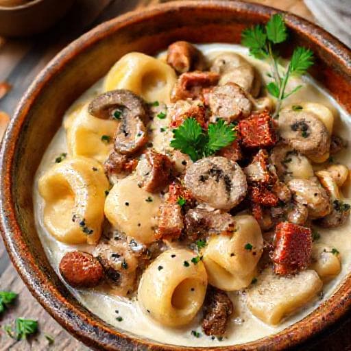 Tortellini med Svampe og Pancetta i Flødesauce