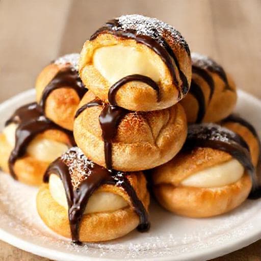 Klassiske Profiteroles med Vaniljecreme og Chokoladesauce