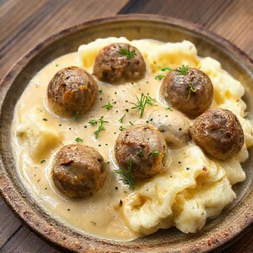 Svenske Kødboller med Sennepsflødesovs og Kartoffelmos