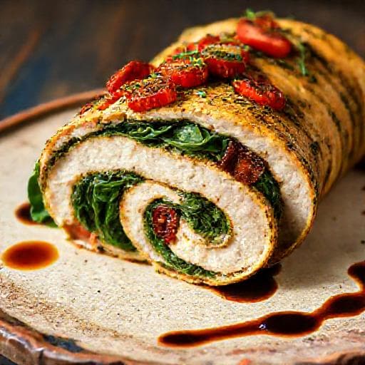 Kyllingeroulade med Spinat, Soltørrede Tomater og Pesto