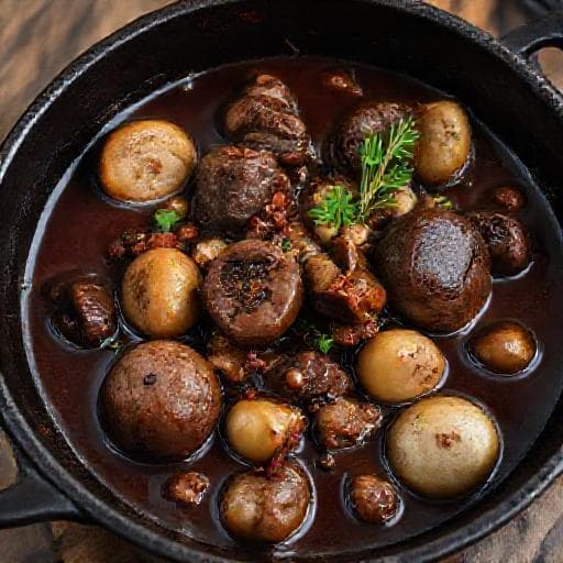 Vildsvinegryde med Rødvin og Svampe (Skotsk Twist)