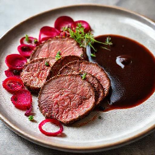 Hjortesteg med Enebærsauce og Rødbedechips