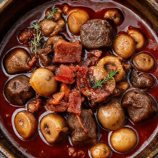 Oksekød i Rødvin med Bacon og Svampe
