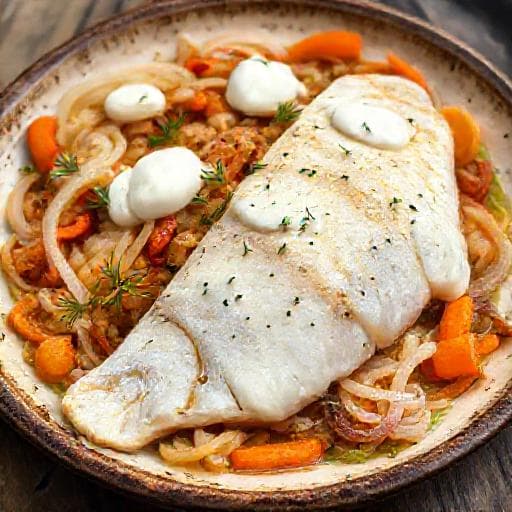 Минтай, запечений з овочами та сметаною