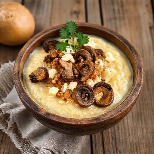 Банош із бринзою, шкварками та грибами