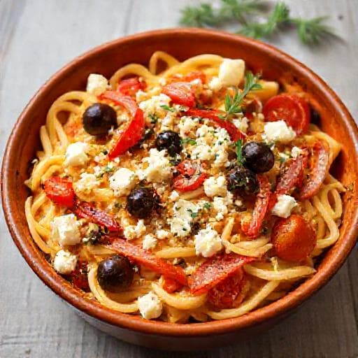 Pasta Feta Panggang Mediterania dengan Zaitun dan Paprika