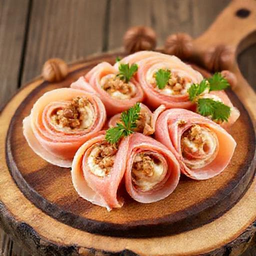 Рулетики из ветчины с сыром и грецким орехом