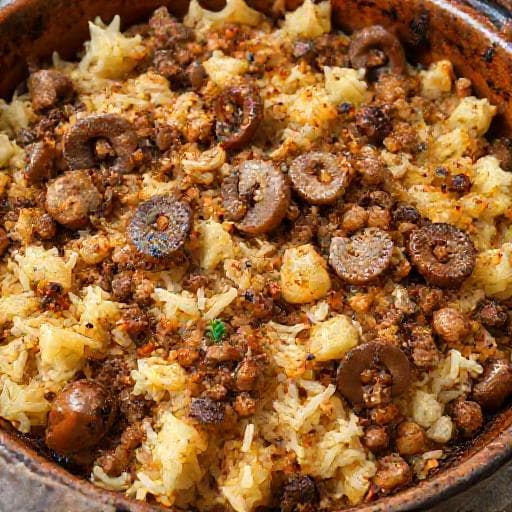 Картофельная бабка с грибами и мясом
