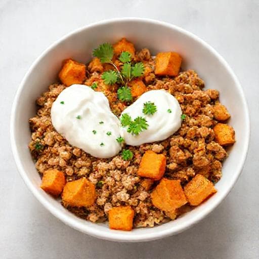 Быстрый боул с бататом, куриным фаршем и сметаной