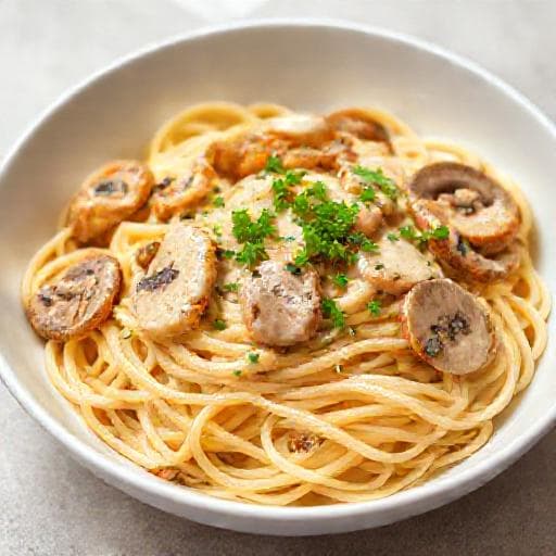 Быстрая паста с курицей и грибами в чесночно-сливочном соусе