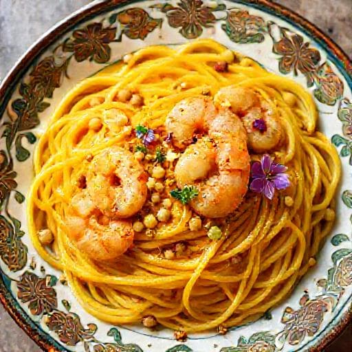 Паста с креветками в стиле Арабской ночи (с шафраном и фисташками)