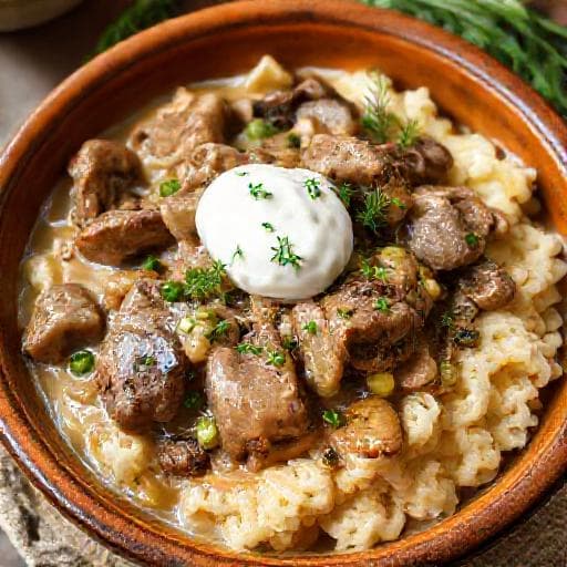 Бефстроганов по-сибирски с маринованными огурцами