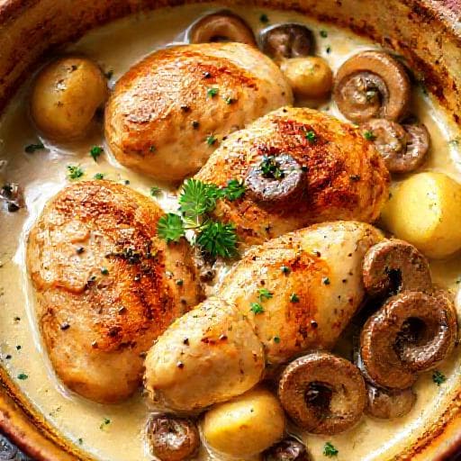 Курица с картошкой и грибами в сливочном соусе в духовке
