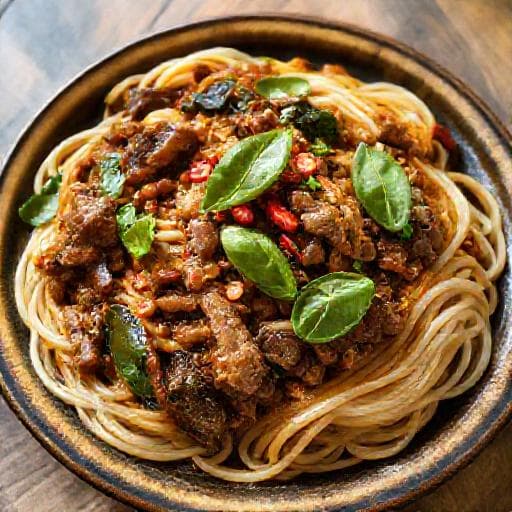 Spicy Basil Pork Drunken Noodles
