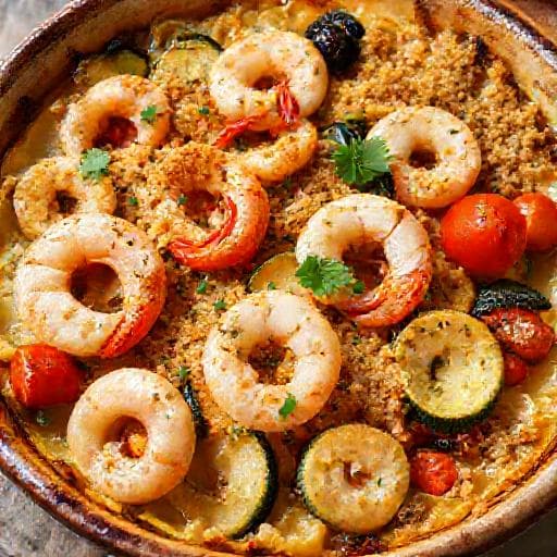 Gamberi e Calamari Gratinati con Verdure al Forno