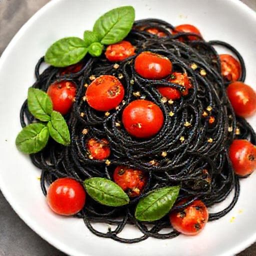 Spaghetti al Nero di Seppia con Pomodorini e Basilico