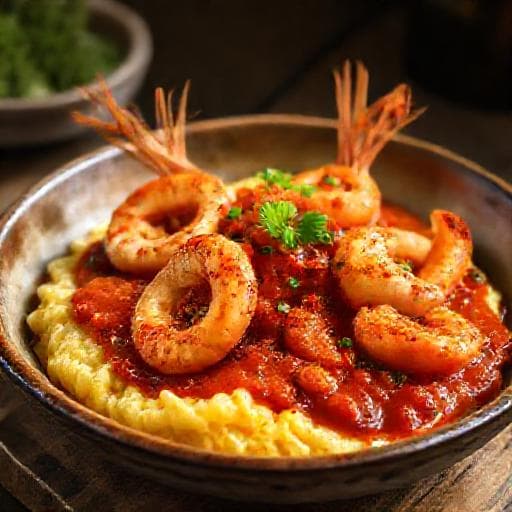 Scampi alla Busara con Polenta
