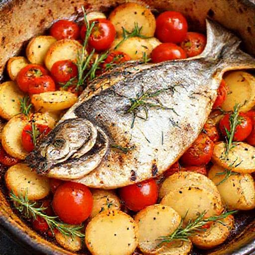 Sgombro al Forno con Pomodorini, Patate e Rosmarino