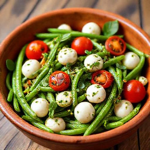 Fagiolini al Pesto con Pomodorini e Mozzarella