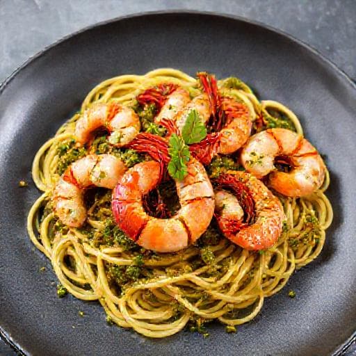 Busiate con Pesto Trapanese e Gamberi Rossi