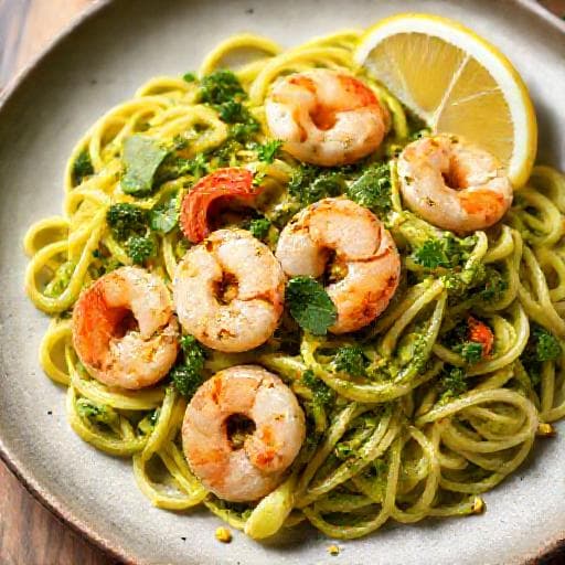 Testaroli al Pesto con Gamberi e Limone