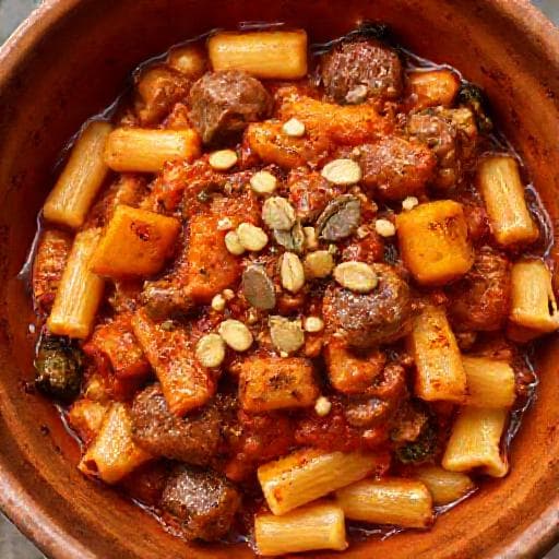 Mezze Maniche alla Vaccinara con Verdure Invernali