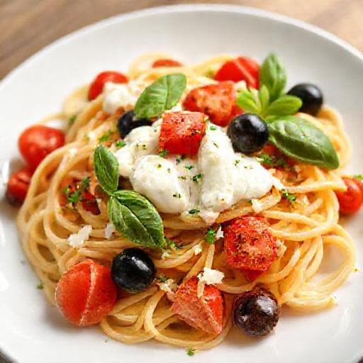 Pasta alla Crudaiola con Stracciatella e Olive