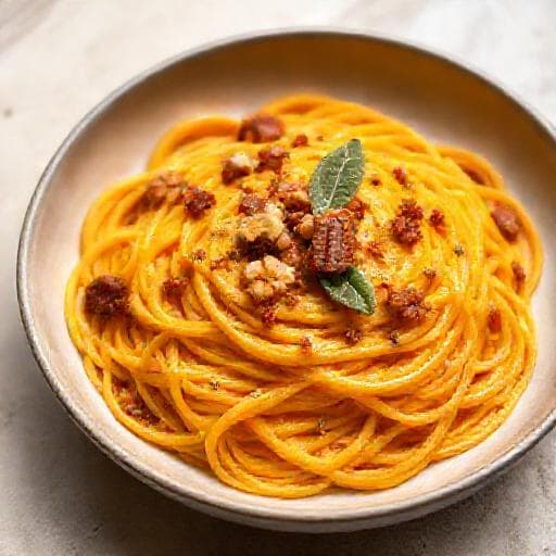 Pasta con Crema di Zucca, Speck e Noci Tostate