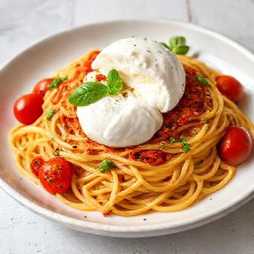 Spaghetti con Burrata e Pomodorini Freschi