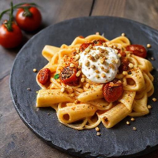 Paccheri con Burrata, Pomodorini Confit e Pistacchi