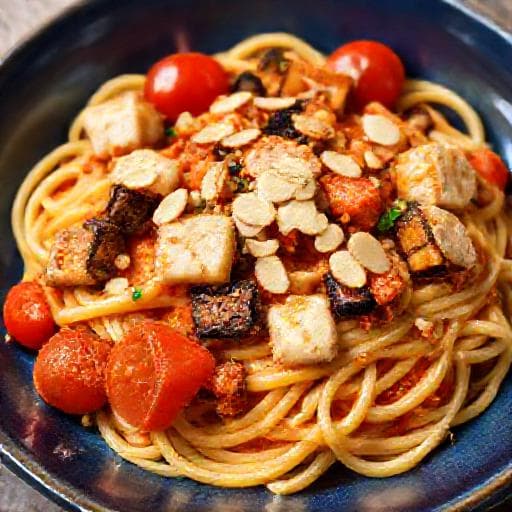 Bucatini con Pesce Spada, Melanzane e Mandorle Tostate