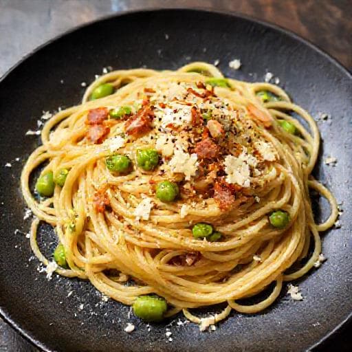 Spaghetti con Fave, Pecorino e Guanciale Croccante
