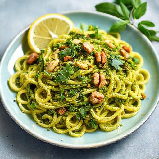 Fusilli con Pesto di Rucola, Noci e Limone