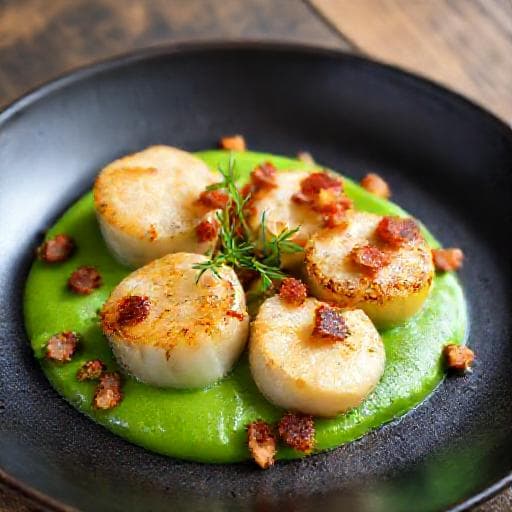 Rask Kamskjell med Ertepuré og Sprøstekt Bacon