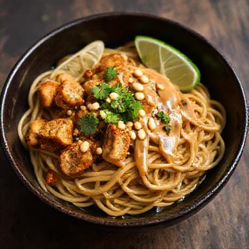 Krydret Tempeh med Nudler og Peanøttsaus