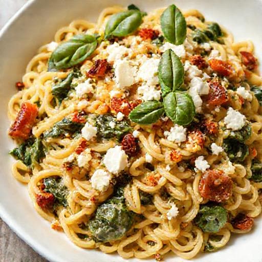 Kremet Orzo med Spinat, Feta og Soltørkede Tomater