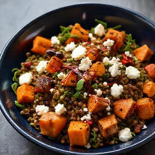 Linsesalat med Feta, Røstede Grønnsaker og Balsamico