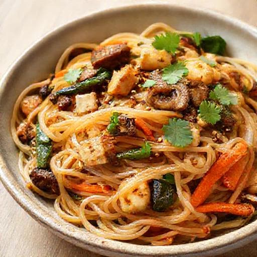 Japchae med Tofu og Sopp (Vegetarisk)
