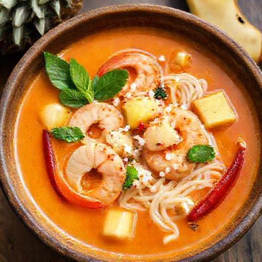 Kreativ Laksa med Reker og Ananas
