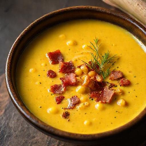 Kremet Mais- og Purreløksuppe med Bacon og Urter