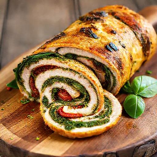 Kalkunrull med Spinat, Soltørkede Tomater og Pesto