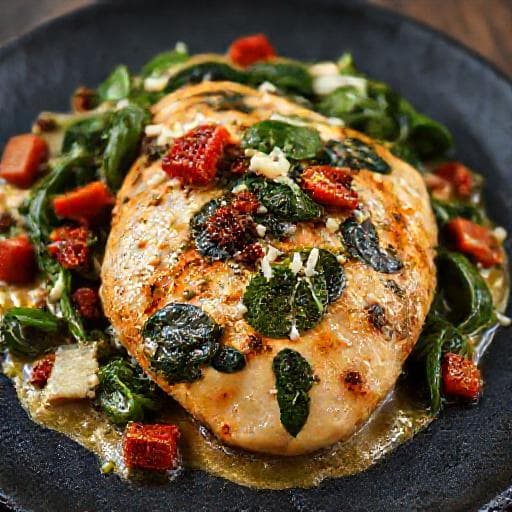 Kylling med Spinat, Parmesan og Soltørkede Tomater