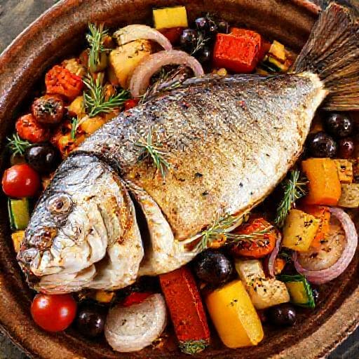 Сибас, запечений з овочами по-середземноморськи
