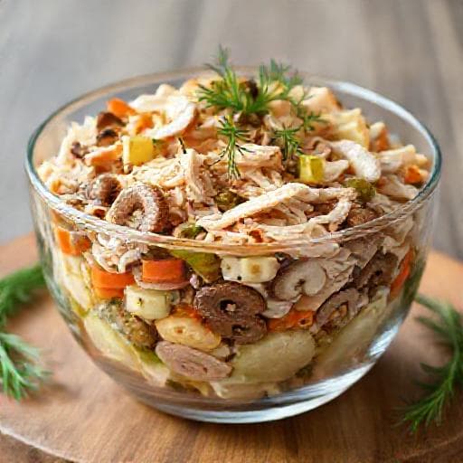 Класичний салат із копченою куркою та грибами