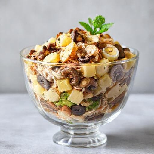 Салат із копченою куркою, грибами та ананасом